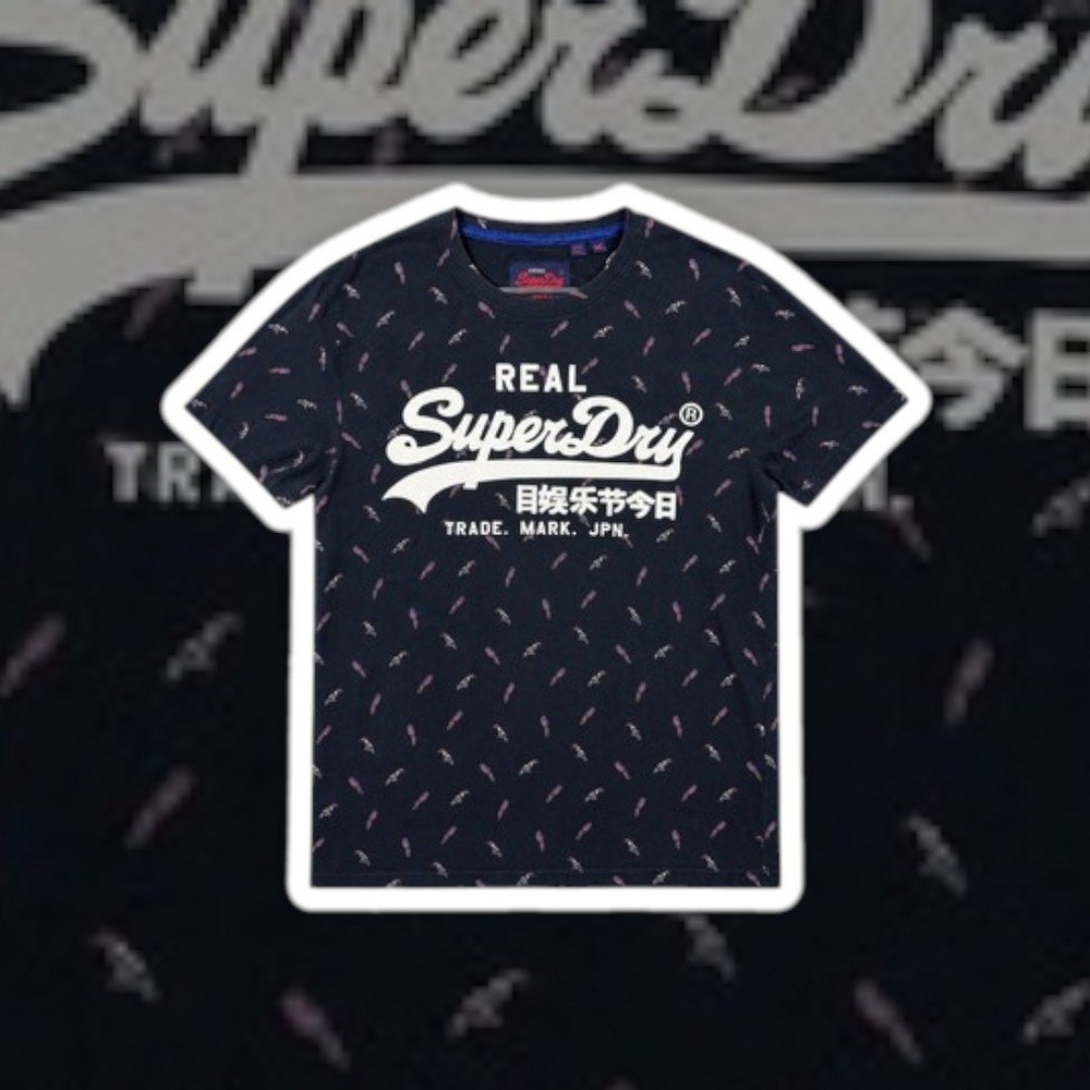 Superdry Vintage Japanese Bird Print T-Shirt XL Navy Blue Logo Graphic Tee